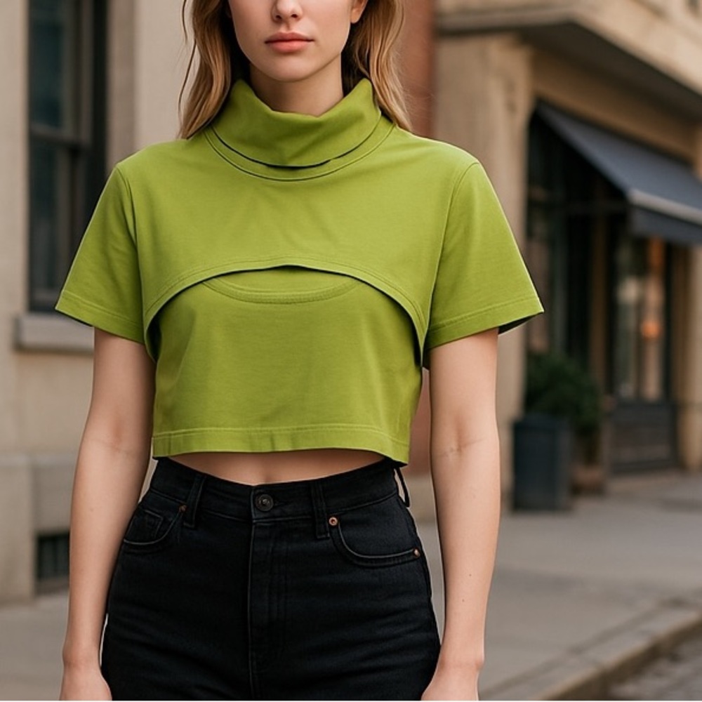 NWT Callahan‎ Women’s Green Cropped Cut Out Short Sleeve Top Summer